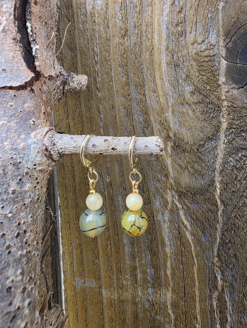 ​Dragon Vein Agate & Light Imperial Jade 18k Gold Plated Drop Earrings